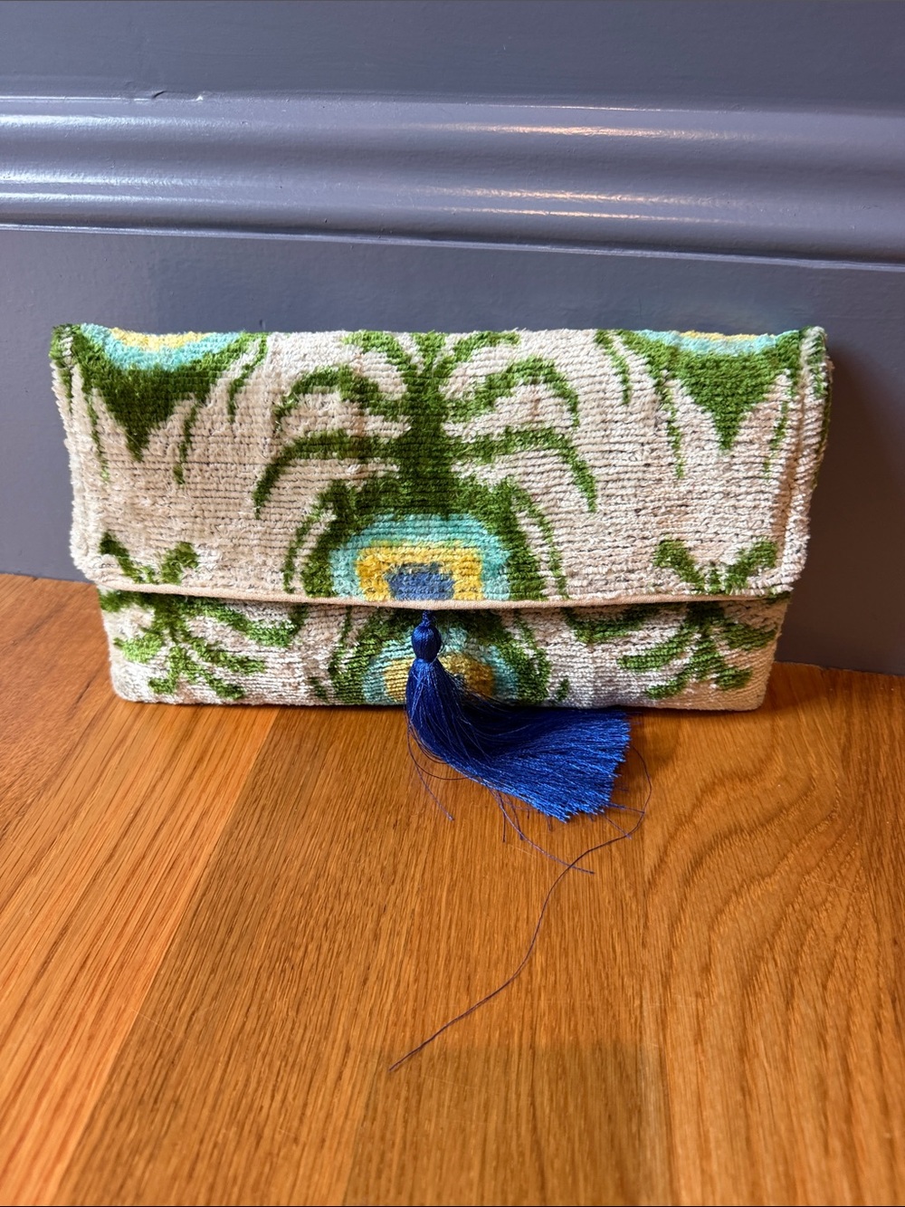 Handcrafted Green and Blue Embroidered Clutch with Tassel Made in Greece